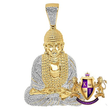 Real Genuine Natural Authentic Diamond 24 + Grams Meditation Siddhartha Gautama Buddha Pendant 10K Gold Over Buddhist Pave Charm Big 2.65''
