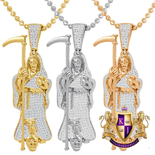 Real Genuine Diamond 20+ Grams Santa Muerte Grim Reaper Angel of Death Religious Pendant 10K Gold Over Unisex Charm Chain Neckless Set 2''