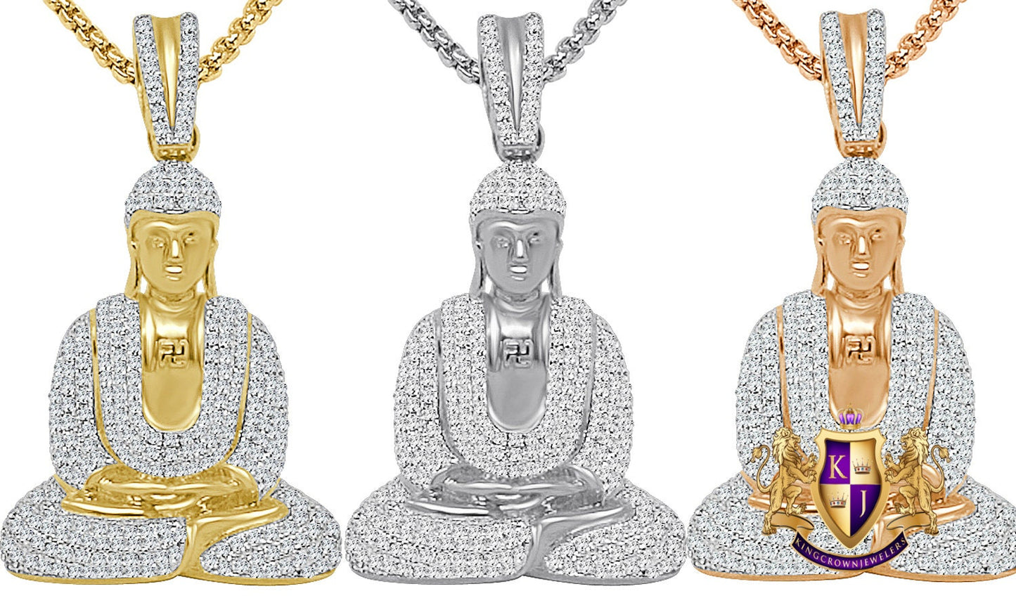34 + Grams Real Authentic Italian Sterling Silver 14K Gold Over Siddhartha Buddha Pendent Simulated Diamond Buddhist Religious Charm 2.25''