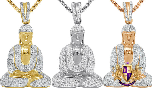 34 + Grams Real Authentic Italian Sterling Silver 14K Gold Over Siddhartha Buddha Pendent Simulated Diamond Buddhist Religious Charm 2.25''