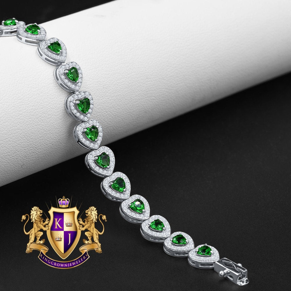 Real Genuine Sterling Silver 14K White Gold Over Green Emerald Heart Love Shape Tennis Link Bracelet 9 Cwt.