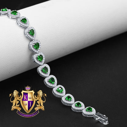 Real Genuine Sterling Silver 14K White Gold Over Green Emerald Heart Love Shape Tennis Link Bracelet 9 Cwt.