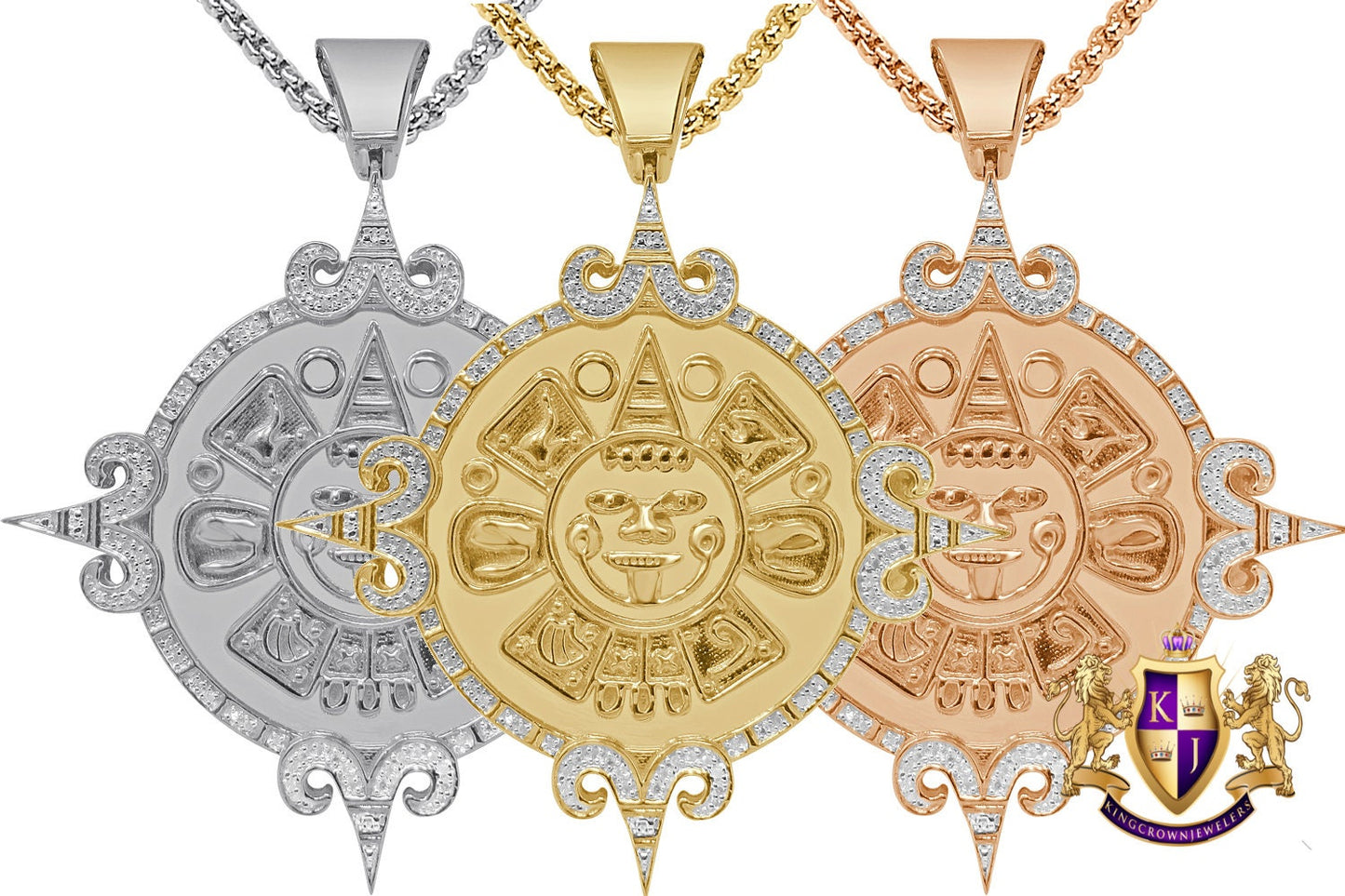 Real Genuine Authentic Diamond 0.40 Cwt. 34 + Grams Mayan Aztec Sun God Calendar Medallion 10K Gold On Custom Pendant Religious Charm 2.65''