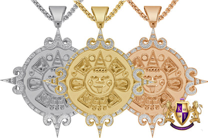 Real Genuine Authentic Diamond 0.40 Cwt. 34 + Grams Mayan Aztec Sun God Calendar Medallion 10K Gold On Custom Pendant Religious Charm 2.65''