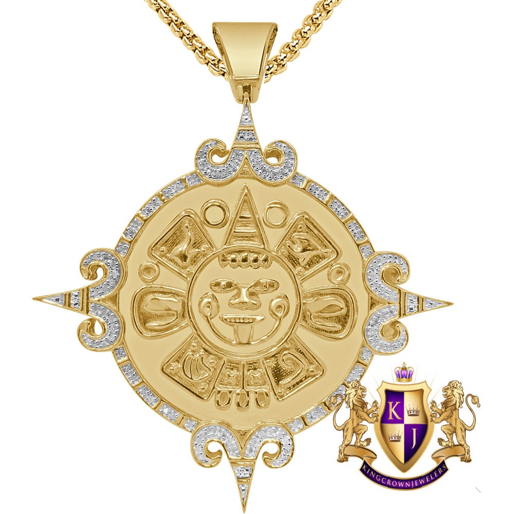 Real Genuine Authentic Diamond 0.40 Cwt. 34 + Grams Mayan Aztec Sun God Calendar Medallion 10K Gold On Custom Pendant Religious Charm 2.65''