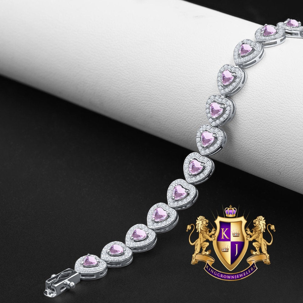 Soft Baby Pink Tourmaline Real Genuine Sterling Silver 14K White Gold Over Heart Love Shape Tennis Link Bracelet 9 Cwt.