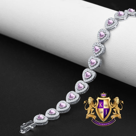 Soft Baby Pink Tourmaline Real Genuine Sterling Silver 14K White Gold Over Heart Love Shape Tennis Link Bracelet 9 Cwt.