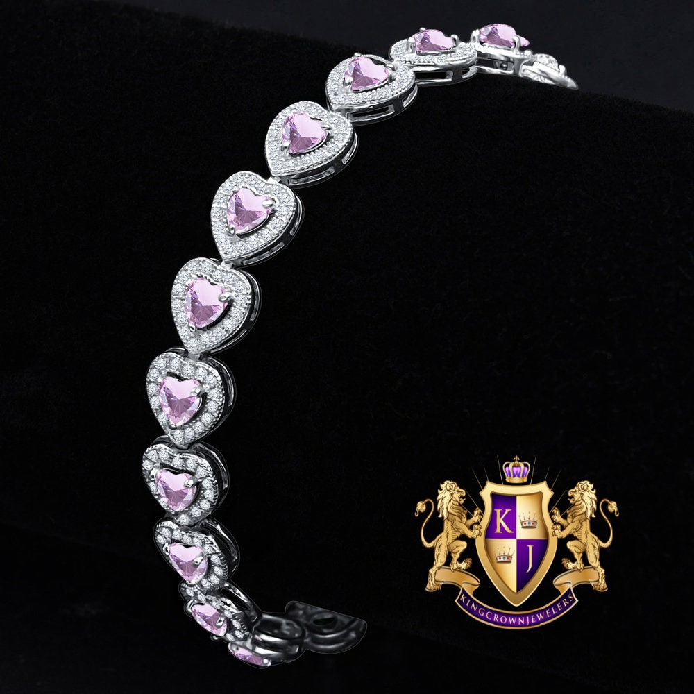 Soft Baby Pink Tourmaline Real Genuine Sterling Silver 14K White Gold Over Heart Love Shape Tennis Link Bracelet 9 Cwt.