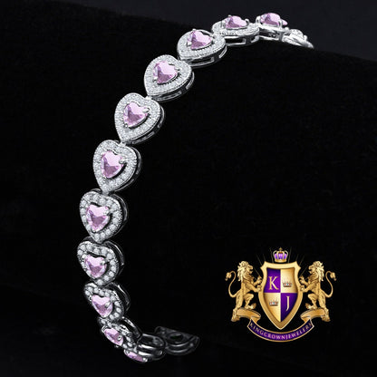 Soft Baby Pink Tourmaline Real Genuine Sterling Silver 14K White Gold Over Heart Love Shape Tennis Link Bracelet 9 Cwt.