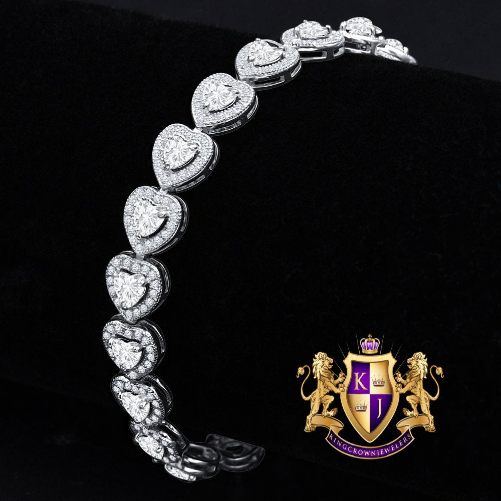 Real Genuine Sterling Silver Crystal Clear Zirconia 14K White Gold Over Heart Love Shape Tennis Link Bracelet 9 Cwt.