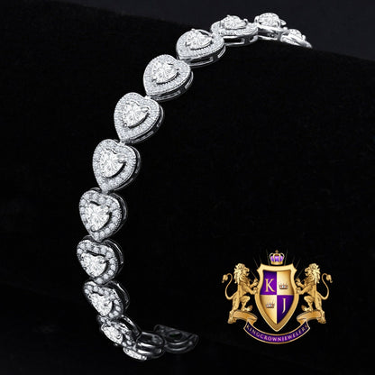 Real Genuine Sterling Silver Crystal Clear Zirconia 14K White Gold Over Heart Love Shape Tennis Link Bracelet 9 Cwt.