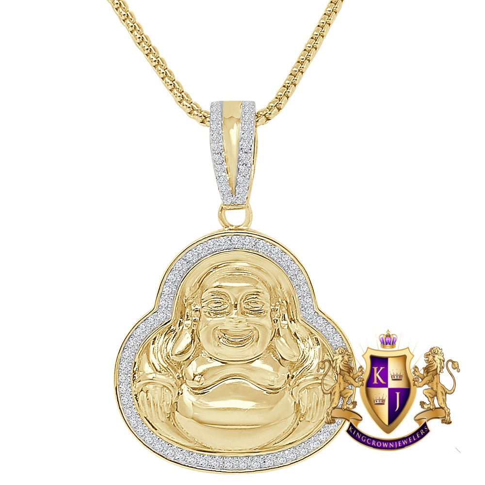 26 + Grams Real Italian Sterling Silver 14K Gold Over Siddhartha Laughing Buddha Men's Pendent Simulated Diamond Buddhist Religious Charm 2"