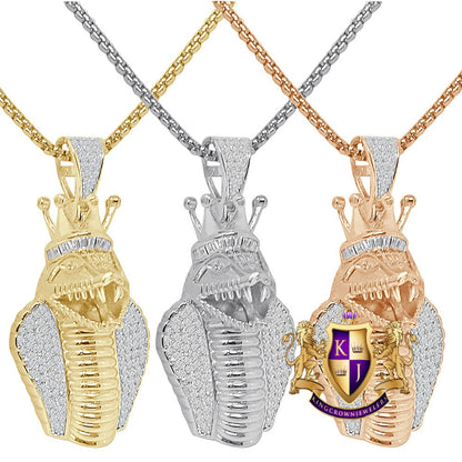 Baguette Real Genuine Sterling Silver 14K Gold Over King Cobra Snake Head Crown Face Pendent Simulated Diamond Charm 2''