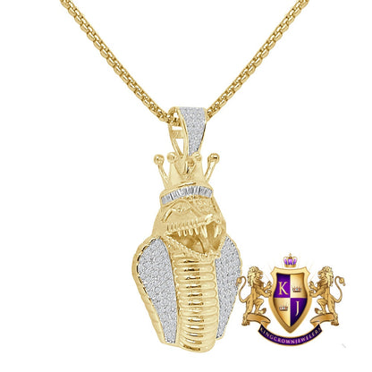 Baguette Real Genuine Sterling Silver 14K Gold Over King Cobra Snake Head Crown Face Pendent Simulated Diamond Charm 2''