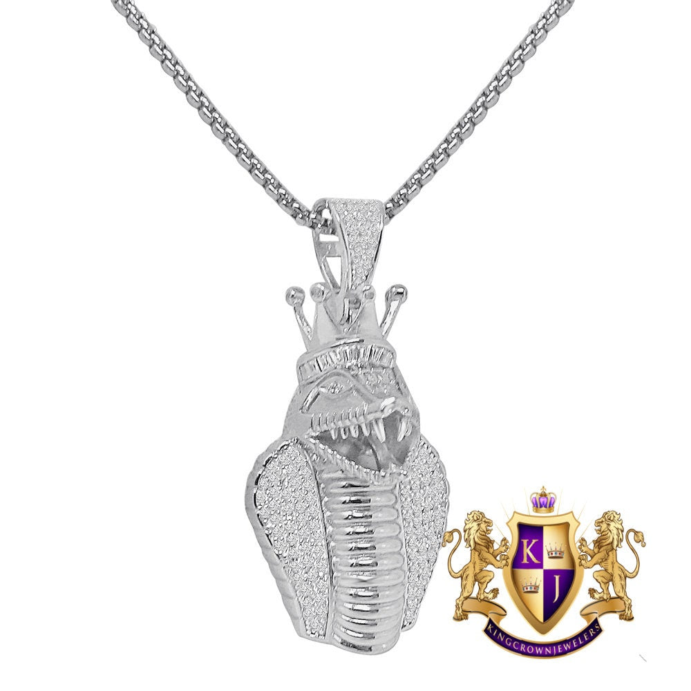 Baguette Real Genuine Sterling Silver 14K Gold Over King Cobra Snake Head Crown Face Pendent Simulated Diamond Charm 2''