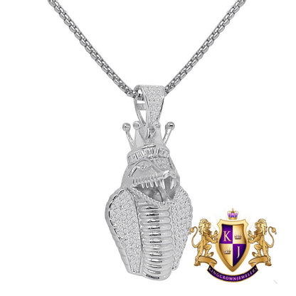 Baguette Real Genuine Sterling Silver 14K Gold Over King Cobra Snake Head Crown Face Pendent Simulated Diamond Charm 2''