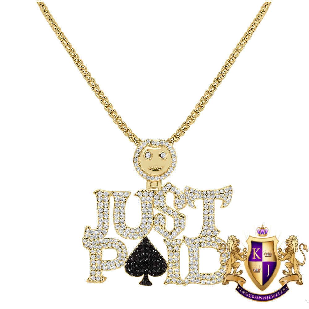 Real Genuine Sterling Silver 14K Gold Over JUST PAID Pendent Simulated Diamond Ace Poker Spade Custom Charm + Free Chain