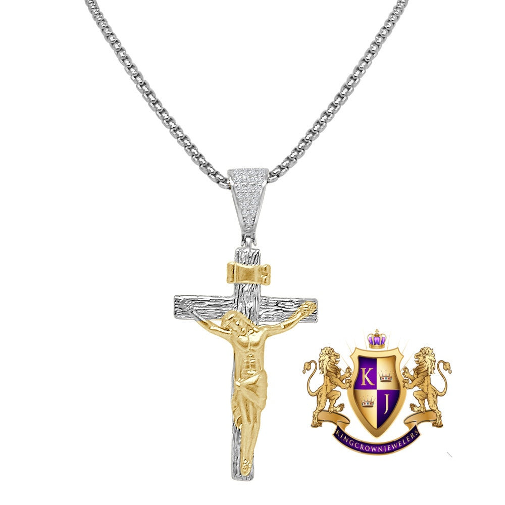 Real Genuine Sterling Silver Simulated Diamond 14k Gold Over Jesus Crucifix Cross Charm Religious Pendent 2''