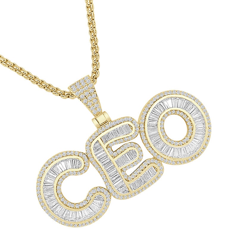 Baguette Men's 14K Gold Over Round Cut Simulated Diamond CEO Boss Charm Custom Pendent Chain Set