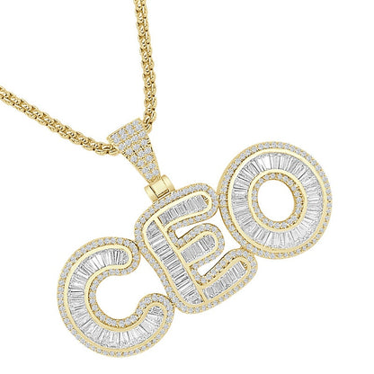 Baguette Men's 14K Gold Over Round Cut Simulated Diamond CEO Boss Charm Custom Pendent Chain Set