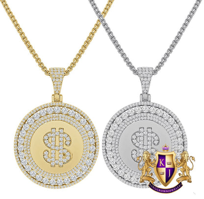 Solitaire Men's 14K Gold Over Round Cut Simulated Diamond Money Cash Dollar Sign Charm Pendent Medallion Chain Set 2''
