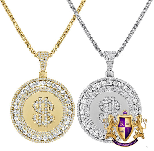 Solitaire Men's 14K Gold Over Round Cut Simulated Diamond Money Cash Dollar Sign Charm Pendent Medallion Chain Set 2''