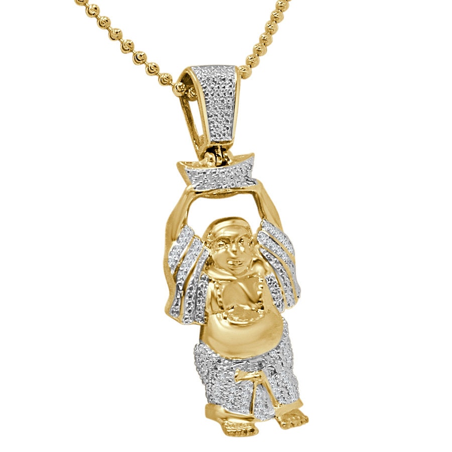 100% Real Genuine Authentic Diamond 0.40 Ct. 10K Gold Over Siddhartha Gautama Buddha Pendant Buddhism Religious Charm Chain Neckless Set 2''