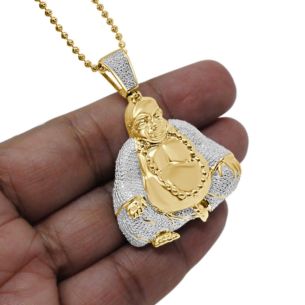 100% Real Genuine Diamond 32 + Grams 10K Gold Over Custom Lucky Meditating Buddha Religious Charm Buddhism Pendant Necklace Chain Set 2''