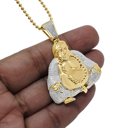 100% Real Genuine Diamond 32 + Grams 10K Gold Over Custom Lucky Meditating Buddha Religious Charm Buddhism Pendant Necklace Chain Set 2''