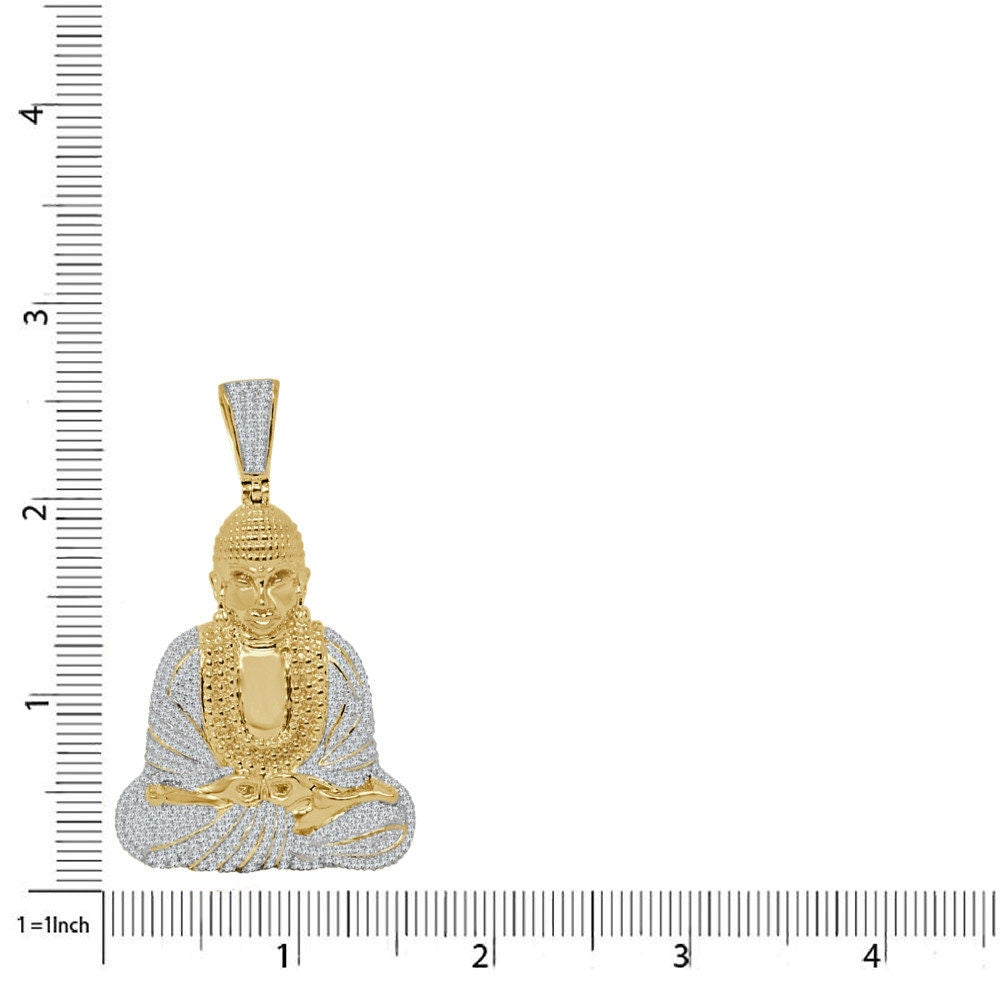 30 + Grams Real Genuine Italian Sterling Silver 3.50 Cwt. Simulated Diamond 14K Gold On Meditating Buddha Charm Religious Pendant Big 2.65''