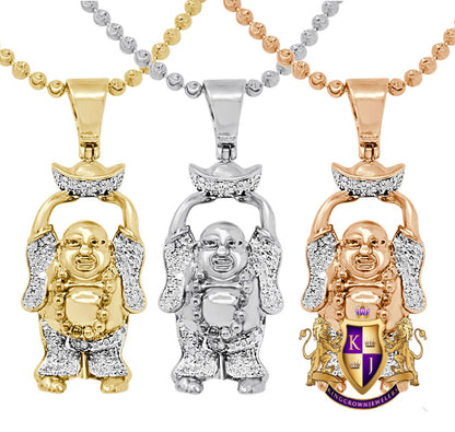 Small Mini 1.30'' Real Genuine Authentic Diamond Laughing Buddha With Bowl Religious Pendant Charm 10k Gold Over + Bead Ball Chain Neckless