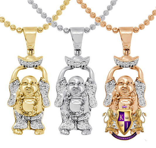 Small Mini 1.30'' Real Genuine Authentic Diamond Laughing Buddha With Bowl Religious Pendant Charm 10k Gold Over + Bead Ball Chain Neckless