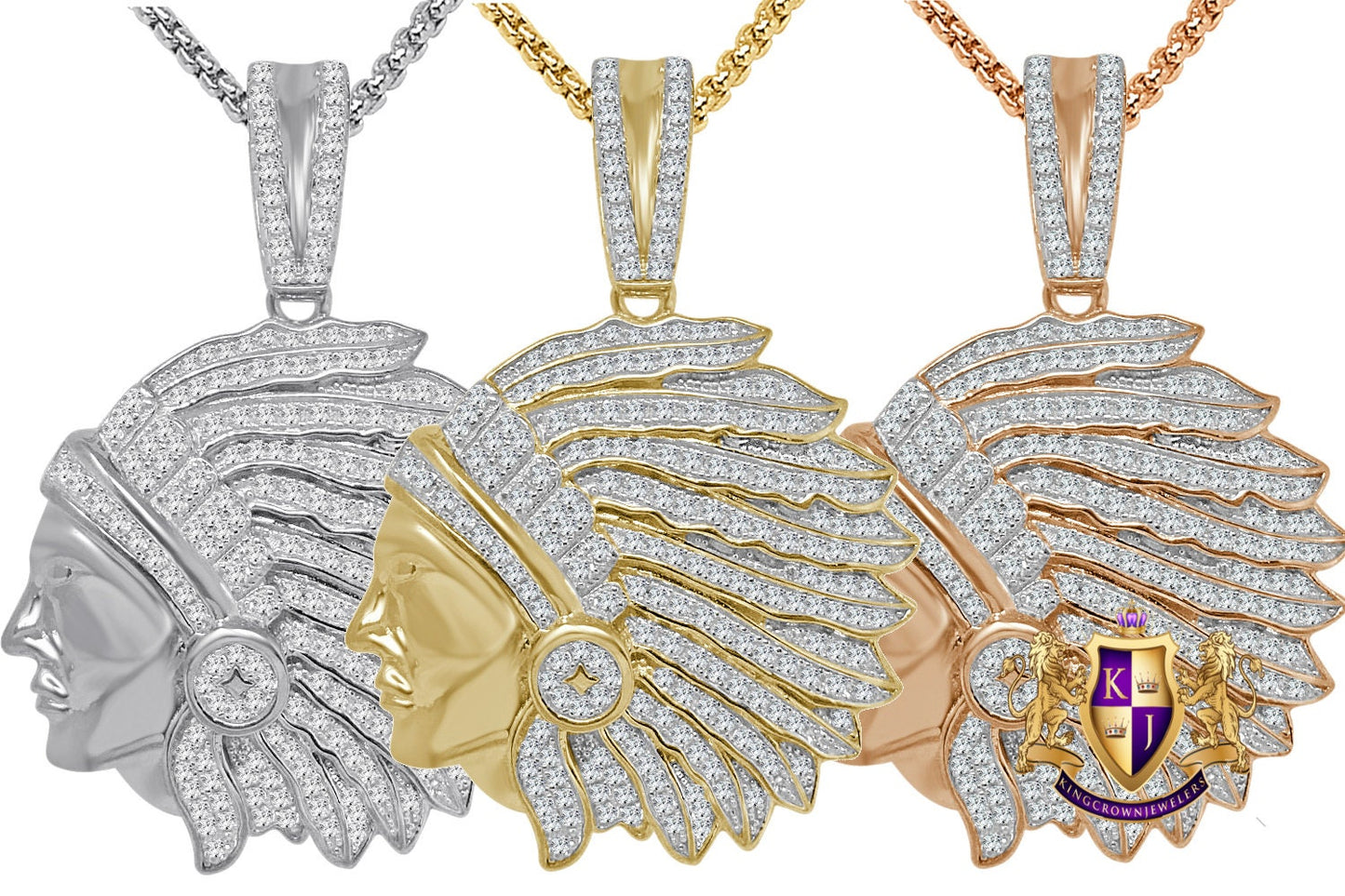 Real Genuine Sterling Silver 14K  Gold Over Native American Indian Apache King Simulated Diamond Custom Pendent Charm  + Free Chain