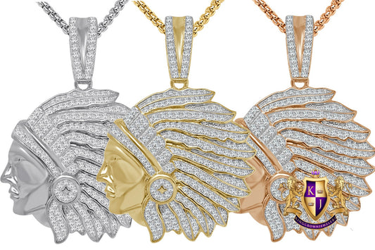 Real Genuine Sterling Silver 14K  Gold Over Native American Indian Apache King Simulated Diamond Custom Pendent Charm  + Free Chain
