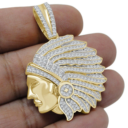 Real Genuine Sterling Silver 14K  Gold Over Native American Indian Apache King Simulated Diamond Custom Pendent Charm  + Free Chain