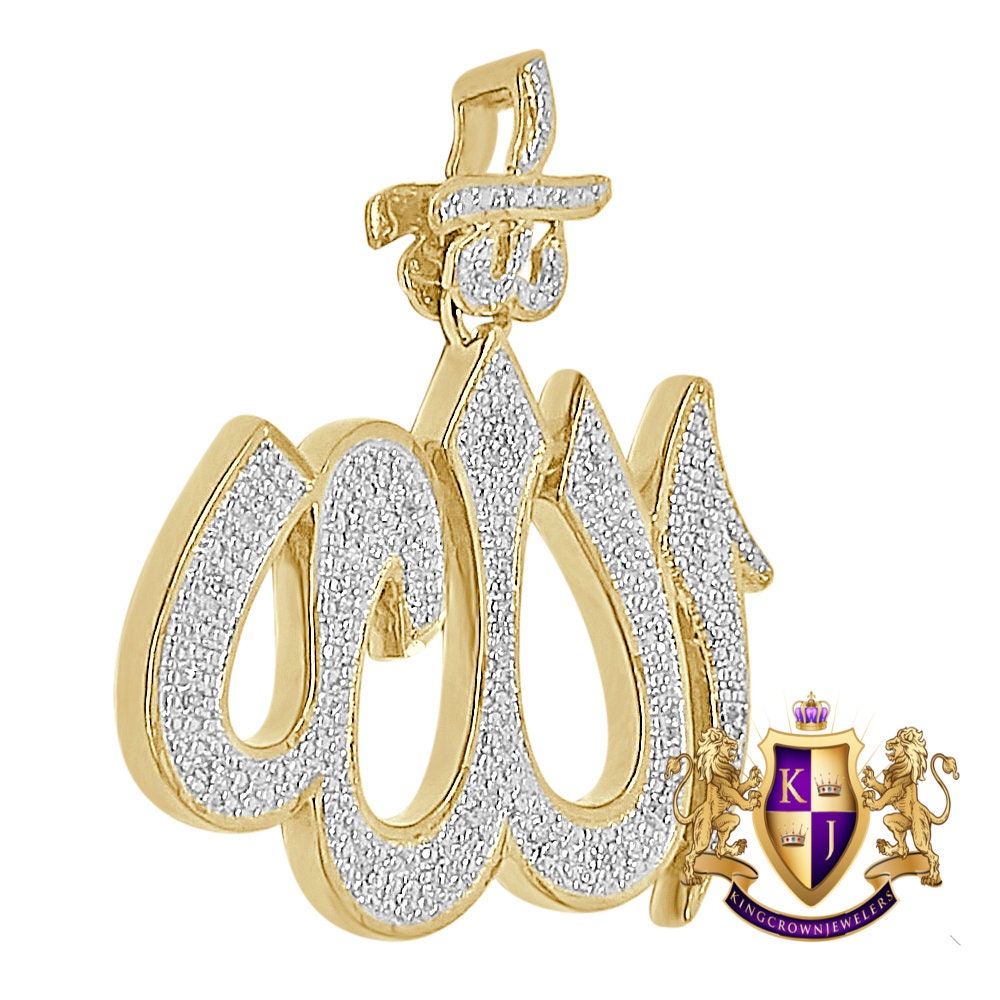 Real Genuine Authentic Diamond Unisex Allah God Muslim Islamic Arabic Pendant 10K Solid Gold Over Charm + Free Chain 1.55''