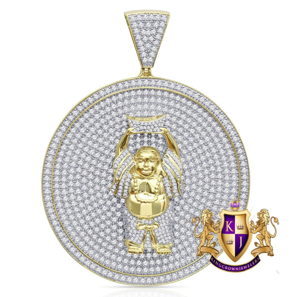 41 + Grams Men's Big XL 3'' Real Sterling Silver 14k Gold Over Buddha Religious Pendant Simulated Diamond Custom Medallion Charm