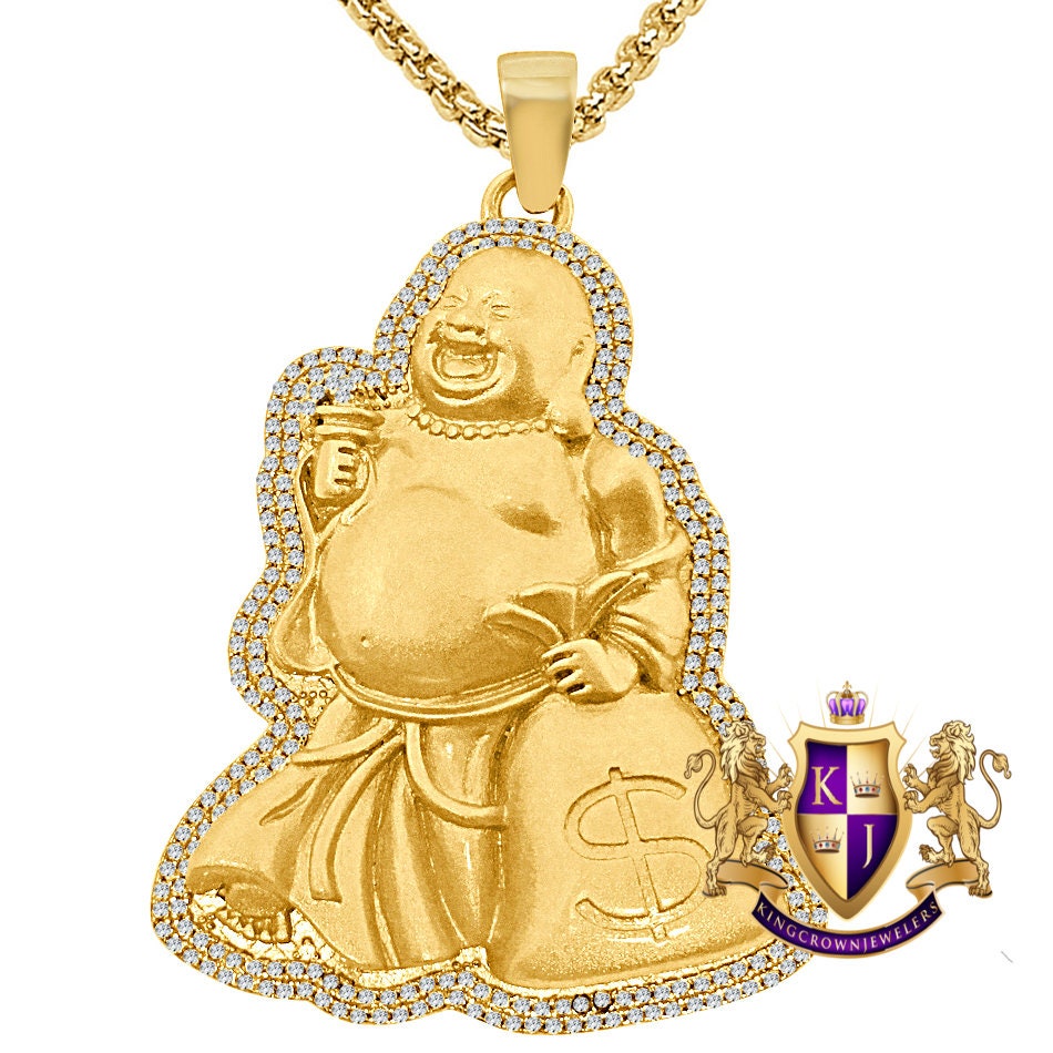 14K Gold Finish Simulated Diamond Laughing Buddha Holding Money Bag Dollar Sign Charm Good Luck Religious Pendant Chain Set 2.45''