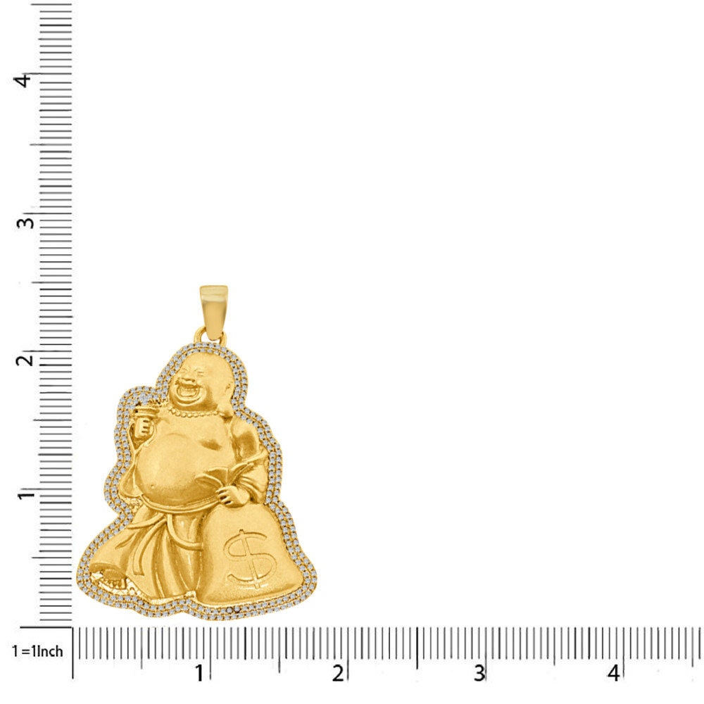 14K Gold Finish Simulated Diamond Laughing Buddha Holding Money Bag Dollar Sign Charm Good Luck Religious Pendant Chain Set 2.45''