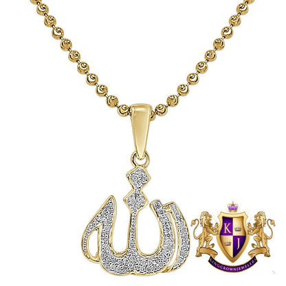 Real Genuine Diamond Almighty Allah God Muslim Arabic Islamic Pendant 10K Solid Gold Over Unisex Religious Charm Chain Set Mini Small 1"