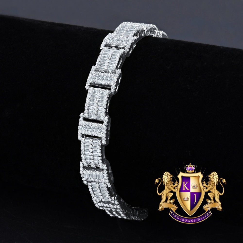24 + Grams Unisex Baguette 14K White Gold Over Genuine Simulated Diamond Tennis Link Bracelet 8.75''