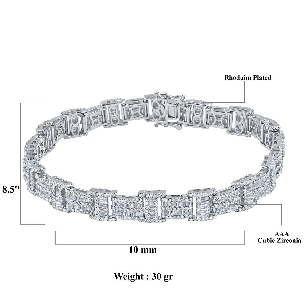 24 + Grams Unisex Baguette 14K White Gold Over Genuine Simulated Diamond Tennis Link Bracelet 8.75''