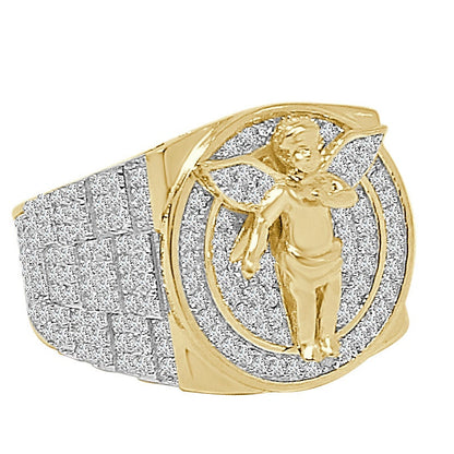 3D Big Bold 20mm Men's Real Genuine Italian Sterling Silver 14K Gold Over Simulated Diamond Holy Angel Wings Religious Ring Band 13+ Grams