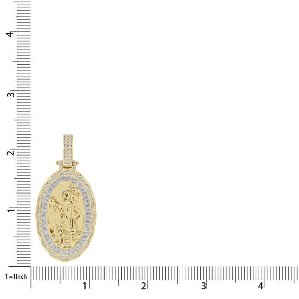 Baguette 23 + Grams Real Sterling Silver 14k Gold Over Simulated Diamond Saint Christopher Religious Charm Unisex Frame Pendant + Free Chain