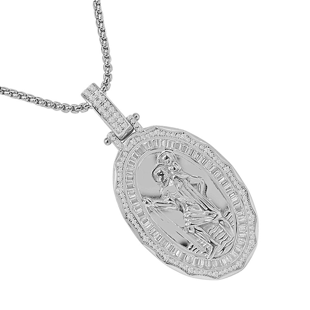 Baguette 23 + Grams Real Sterling Silver 14k Gold Over Simulated Diamond Saint Christopher Religious Charm Unisex Frame Pendant + Free Chain