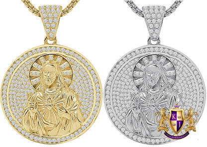 24 + Grams Real Sterling Silver Jesus Face 2.25 Ct Round Cut Simulated Diamond 14K Gold Over Round Charm Medallion Pendant + Free Chain