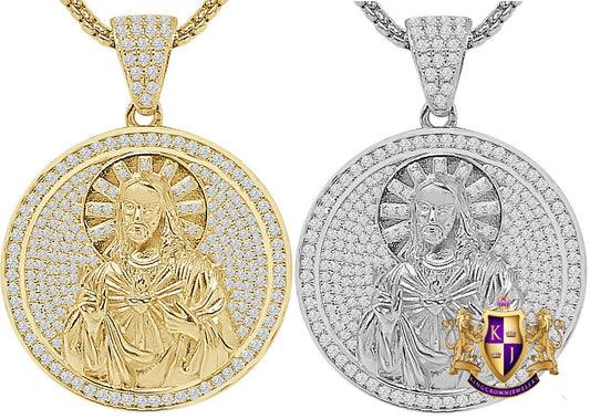 24 + Grams Real Sterling Silver Jesus Face 2.25 Ct Round Cut Simulated Diamond 14K Gold Over Round Charm Medallion Pendant + Free Chain