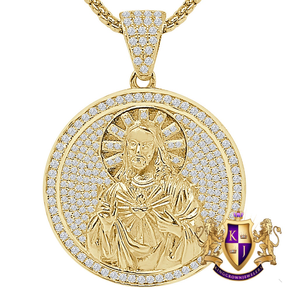 24 + Grams Real Sterling Silver Jesus Face 2.25 Ct Round Cut Simulated Diamond 14K Gold Over Round Charm Medallion Pendant + Free Chain
