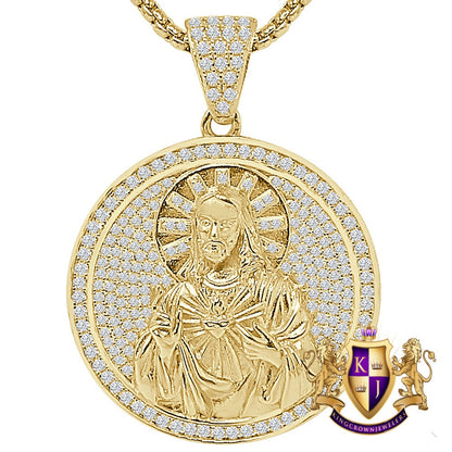 24 + Grams Real Sterling Silver Jesus Face 2.25 Ct Round Cut Simulated Diamond 14K Gold Over Round Charm Medallion Pendant + Free Chain