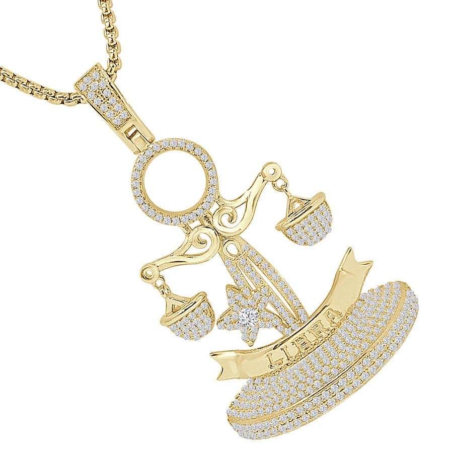 24+ Grams Real Sterling Silver 2.00 Ct. Simulated Diamond 14K Solid Gold On Unisex Libra Scale Zodiac Sign Charm Lucky Custom Pendant 2.25''